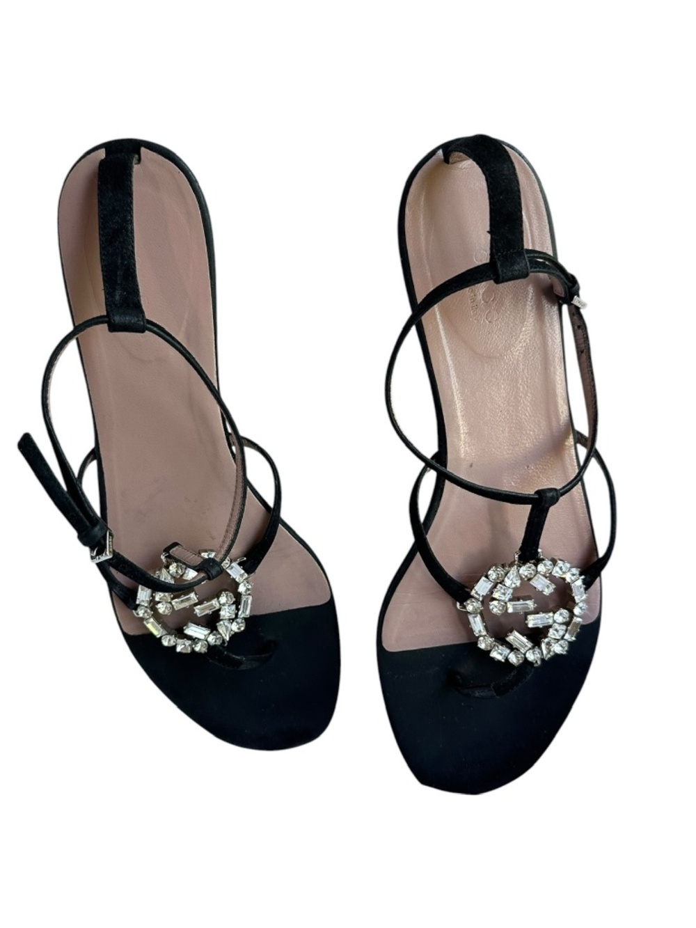 GUCCI Black Leather Crystal GG T-Strap Thong Sandals Women's Size 39.5 9.5